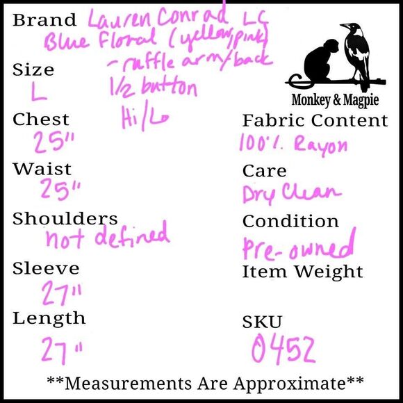 LC Lauren Conrad Blue W/ Yellow Floral High Low Ruffle Boho Tunic Large - Picture 10 of 10